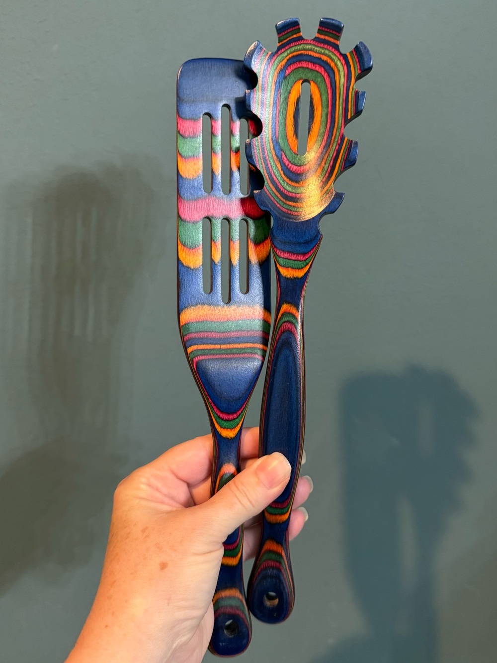 Pair of PAKKA Rainbow HARDWOOD UTENSILS - Spatula and Slotted Pasta Spoon